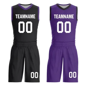 Custom Black Purple Classic Style Reversible Basketball Uniform Personalized COOLMAX BBJR-D017035