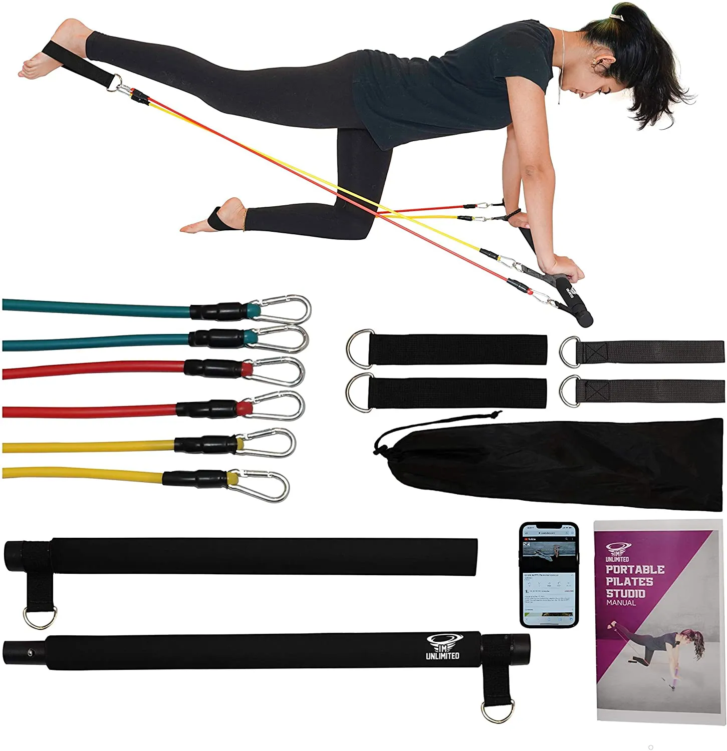 IM UNLIMITED Pilates Bar Kit with Resistance Bands and Workout Video Portable, Exercise Equipment, Home Gym Strength Full Body Fitness Stick,Squat Yoga Muscle Toning Bar