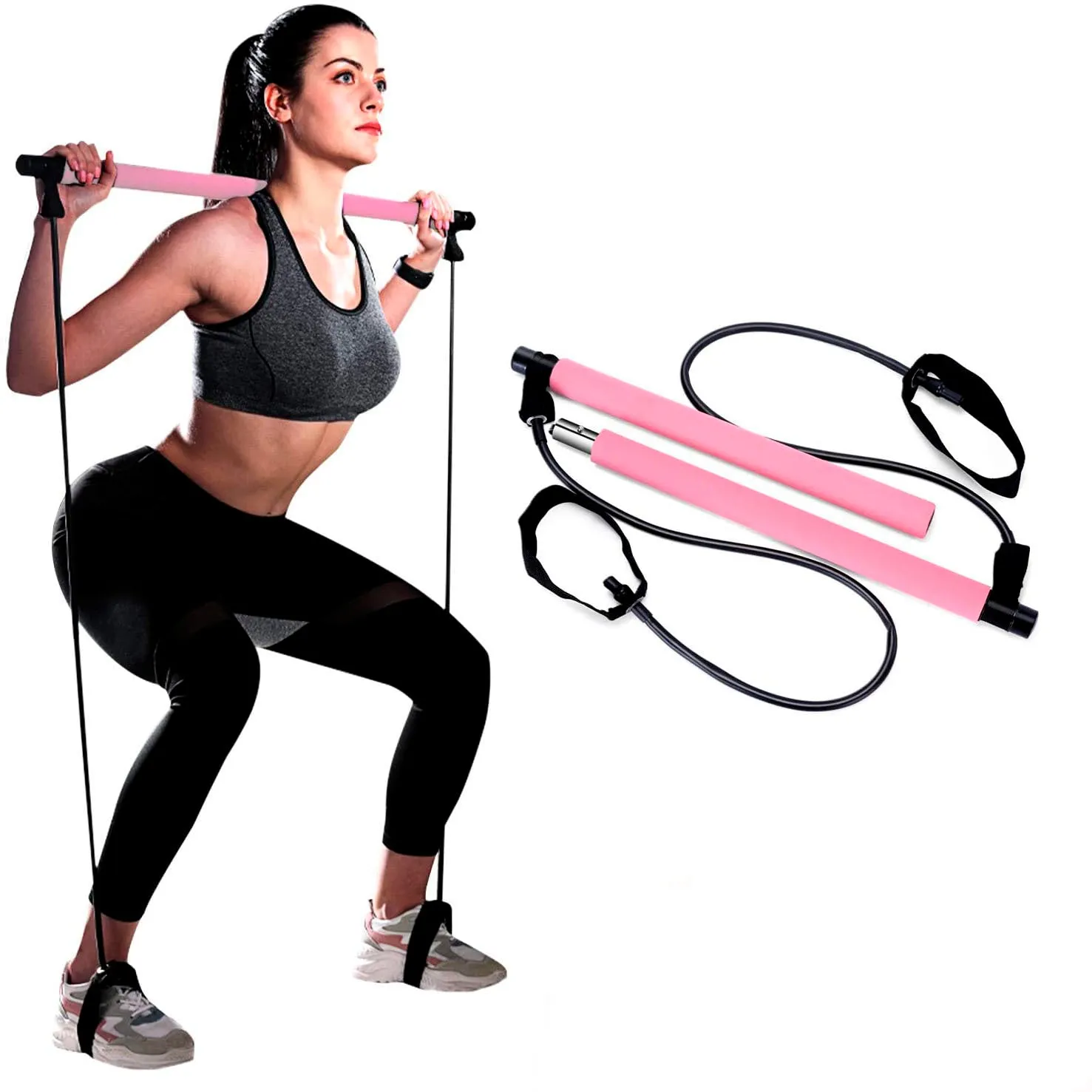 Portable Pilates Bar Kit with Resistance Band-Pink