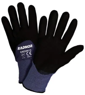 Radnor Medium 15 Gauge Black Nylon Microfoam Nitrile 3/4 Coated Work Gloves With Blue Seamless Nylon Liner