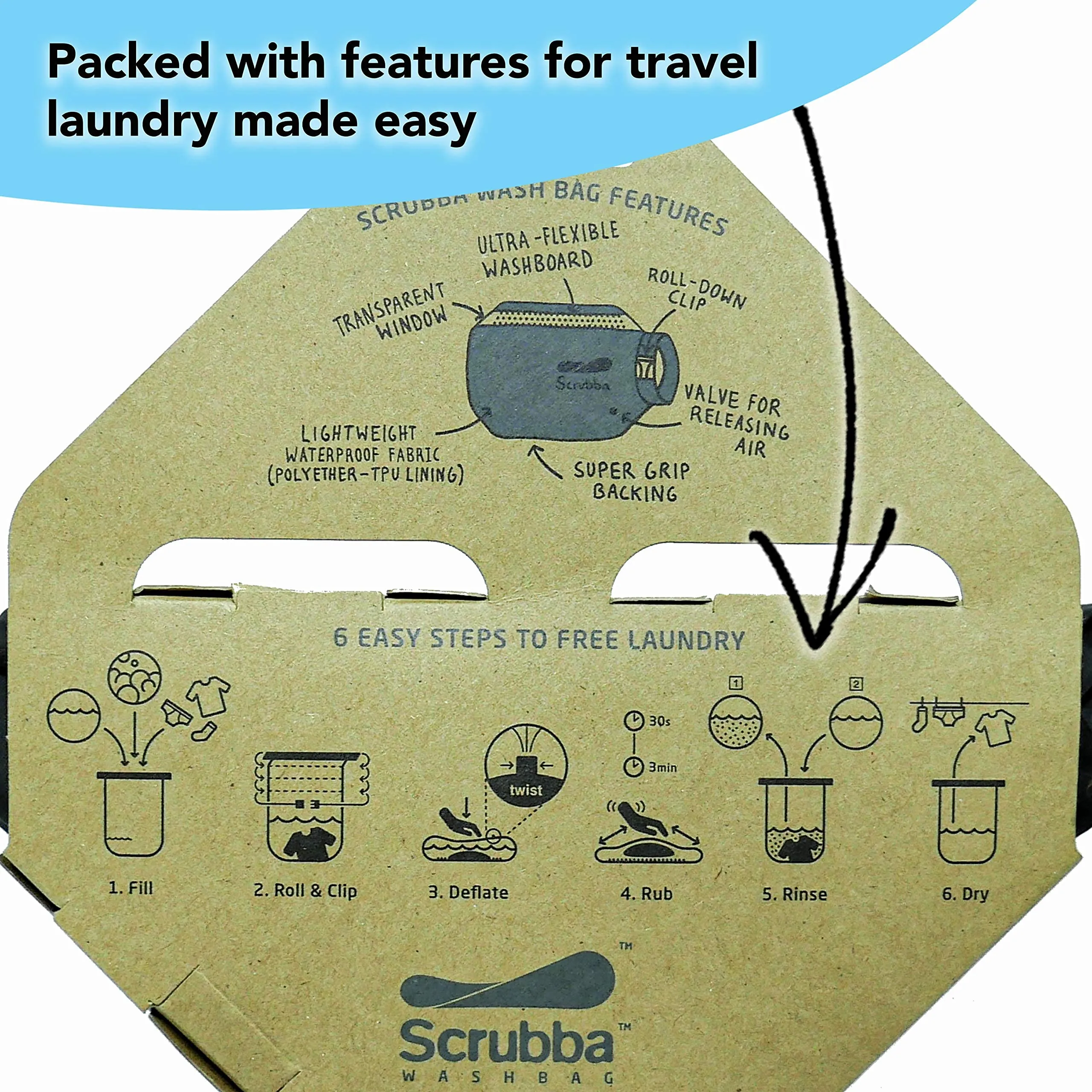 Scrubba Portable Wash Bag - Foldable Hand Washing Machine for Hotel and Travel - Light and Small Eco-Friendly Camping Laundry Bag for Washing Clothes Anywhere, 6.3 inch x 2.4 inch x 2.4 inch